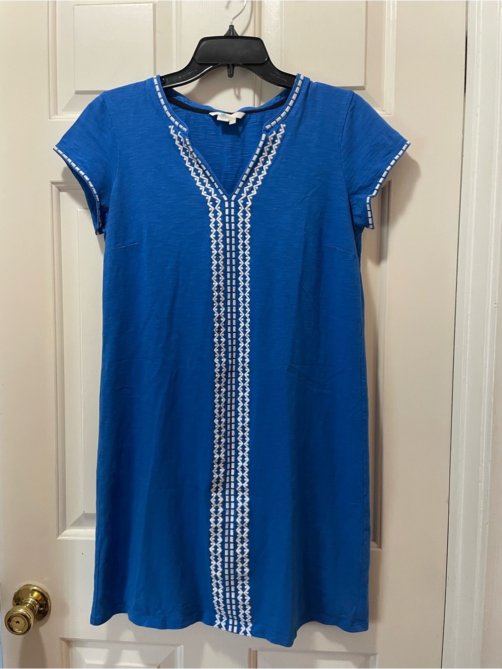 Boden Bright Blue Cotton Short-Sleeve Embroidered V-Neck Dress size 8